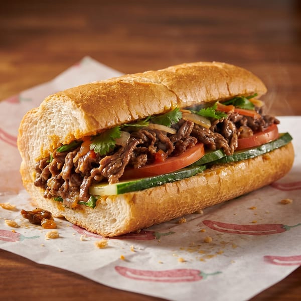 Steaming hot beef banh mi sandwich with cilantro, onions, tomatoes, and cucumbers on chili-patterned paper.