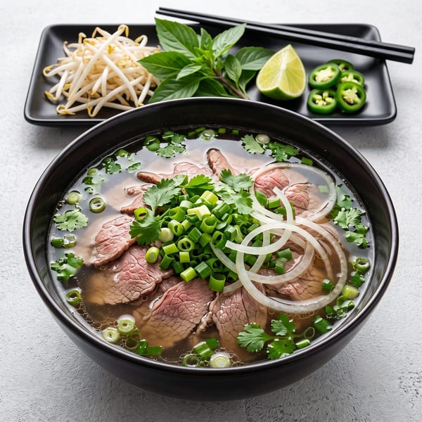 Beef pho in a black bowl with bean sprouts, basil, lime, and jalapeños on the side.